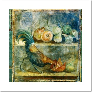 COCKEREL PECKING AT POMEGRANATES,FIGS AND PEARS ANTIQUE POMPEII MURAL PAINTING WITH FRUITS Posters and Art